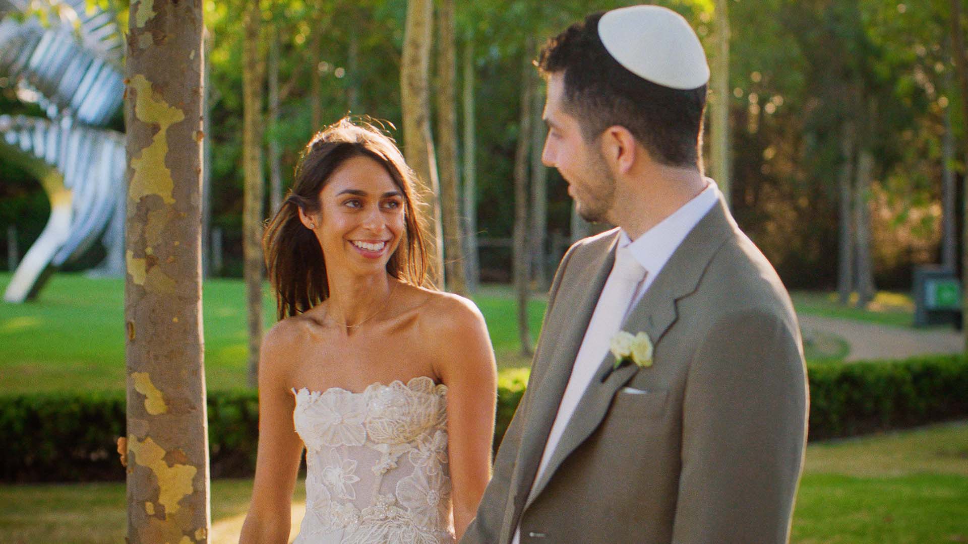 Taylor and Kelsey's late-afternoon ceremony beneath a chuppah on the back lawns at Pt. Leo Estate, Mornington Peninsula