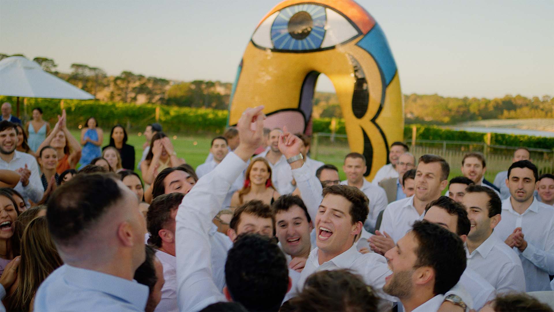 wedding guests partying outside